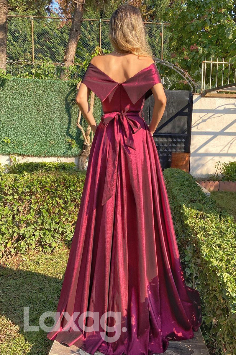 19709 - Off Shoulder Satin Pleats A-line Long Prom Dresses