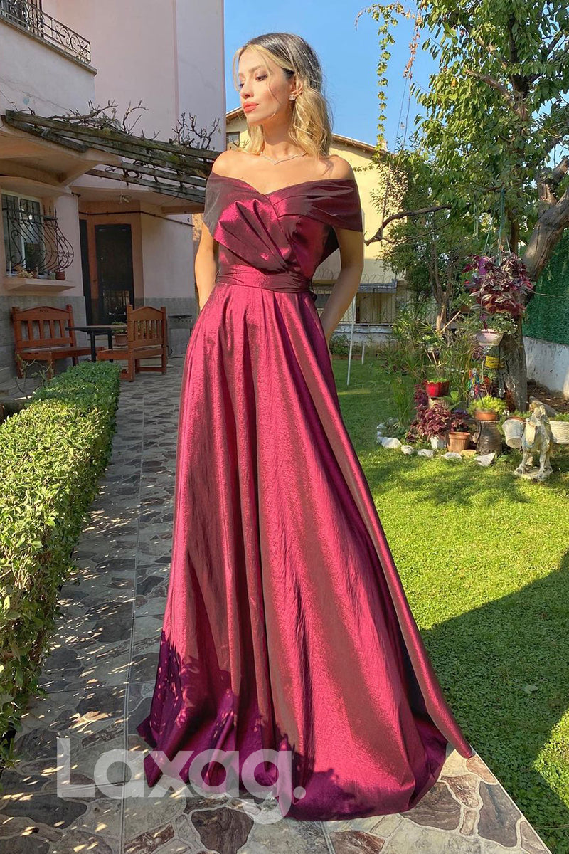 19709 - Off Shoulder Satin Pleats A-line Long Prom Dresses