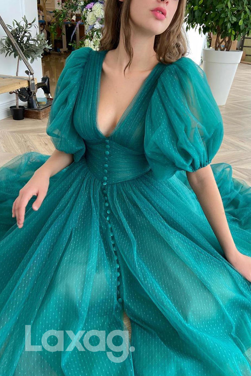 17719 - A-line V-neck Short Sleeves Prom Dress with Pockets Tea Length