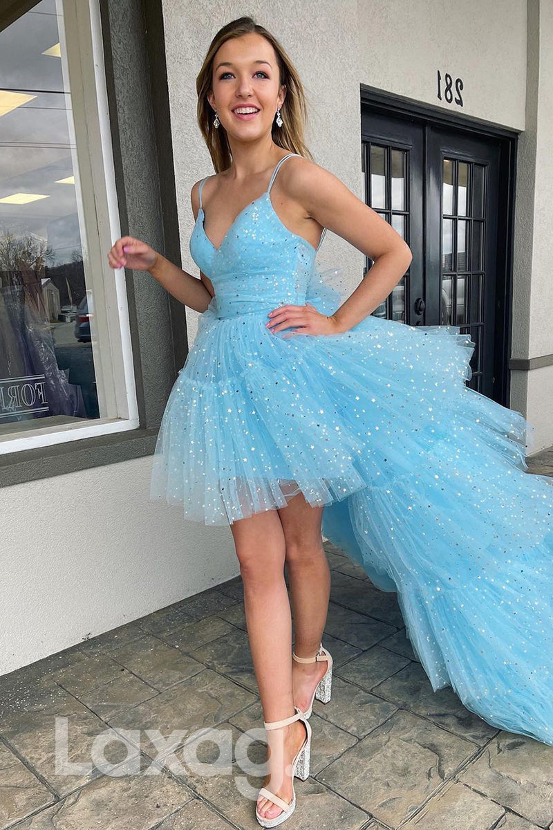 16803 - Spaghetti Straps V-neck High Low Prom Dress|LAXAG