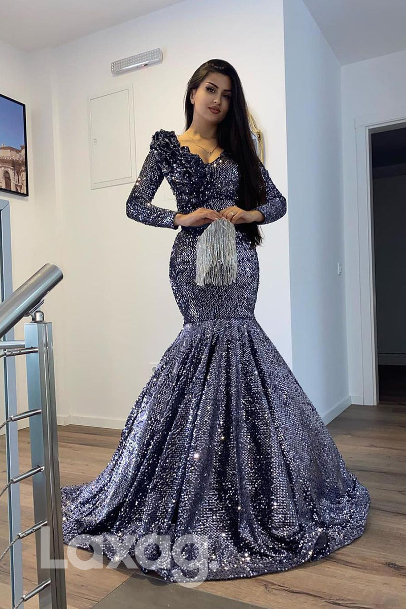 17765 - Sexy V-neck 3D Appliques Long Sleeves Mermaid Formal Evening Dress