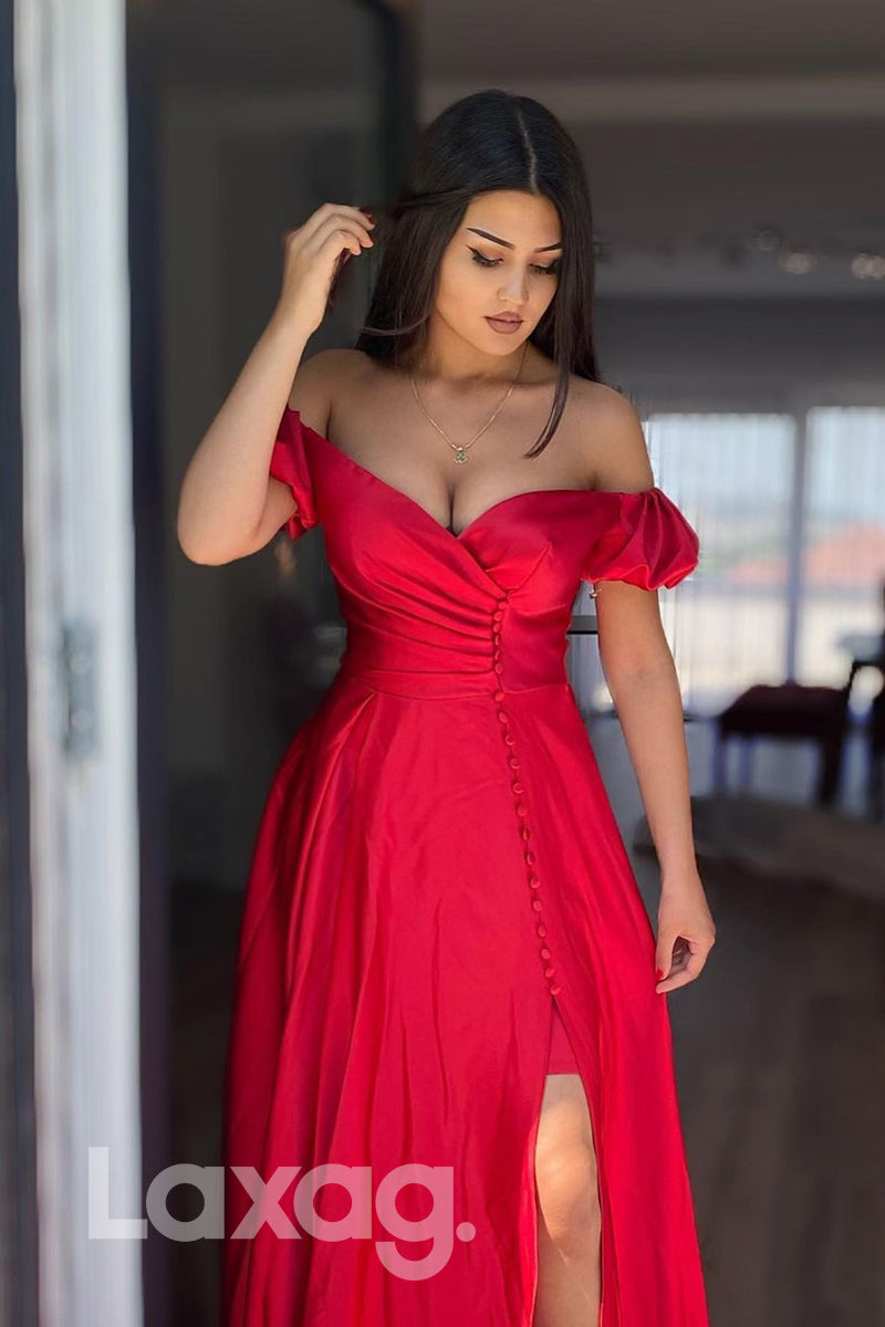 17770 - Off Shoulder Red Satin Long Prom Dress with Slit