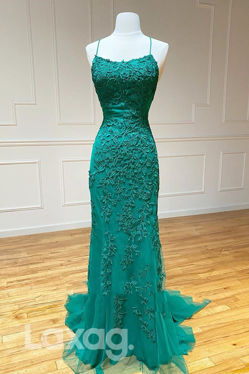 17771 - Spaghetti Straps Tulle Appliques Sheath Prom Dress|LAXAG