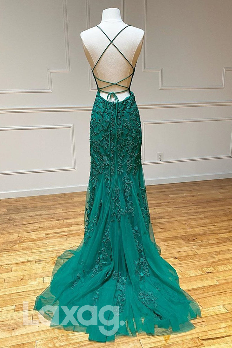 17771 - Spaghetti Straps Tulle Appliques Sheath Prom Dress