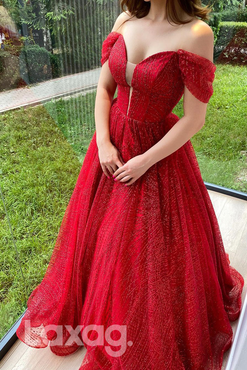 17776 - Off Shoulder A-line Red Sparkly Formal Evening Dress