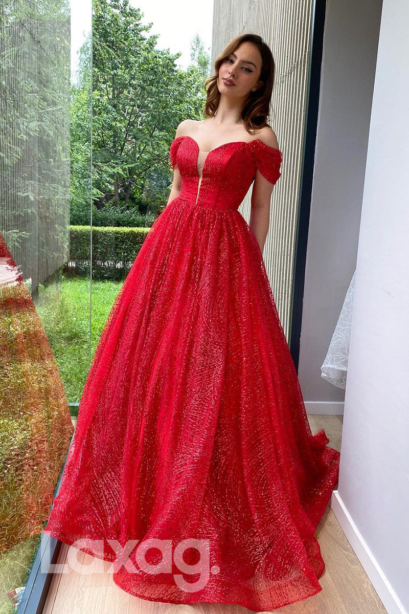 17776 - Off Shoulder A-line Red Sparkly Formal Evening Dress