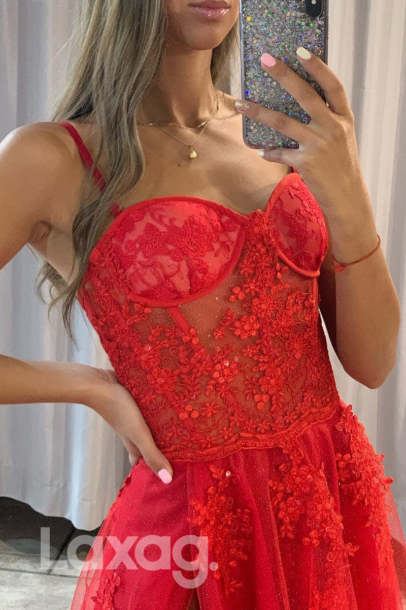 17780 - Women's Spaghetti Straps Lace Applique Long Prom Dress with Slit