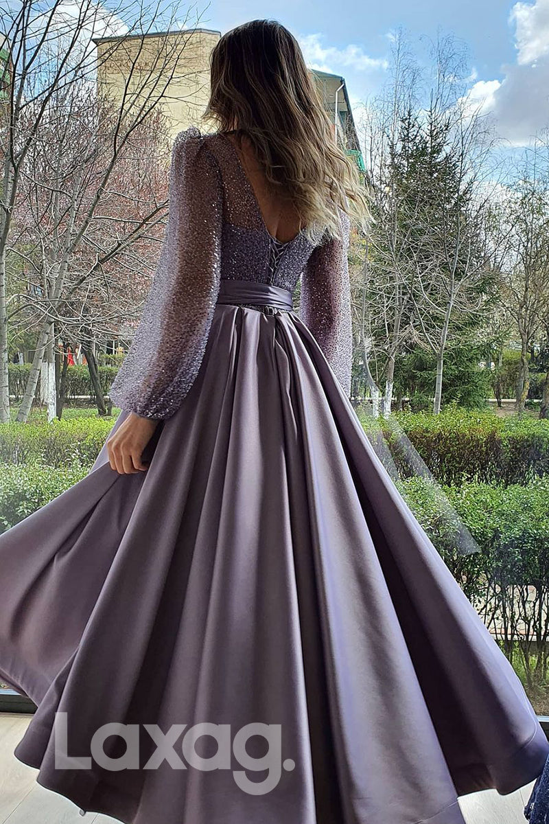 17783 - Scoop Sequins Long Sleeves A-line Long Formal Evening Dress