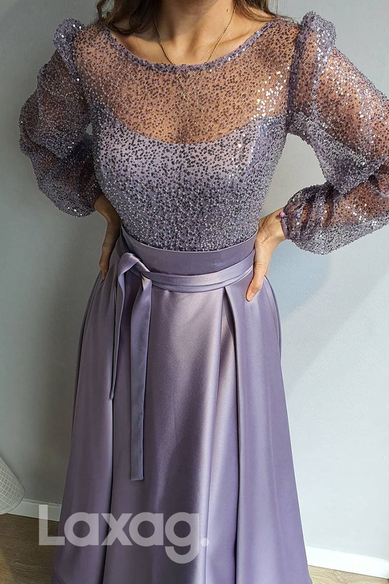 17783 - Scoop Sequins Long Sleeves A-line Long Formal Evening Dress