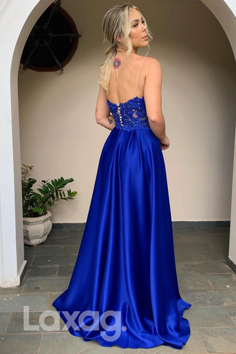 18760 - Women's Spaghetti Straps Lace Appliques Formal Evening Dress with Slit