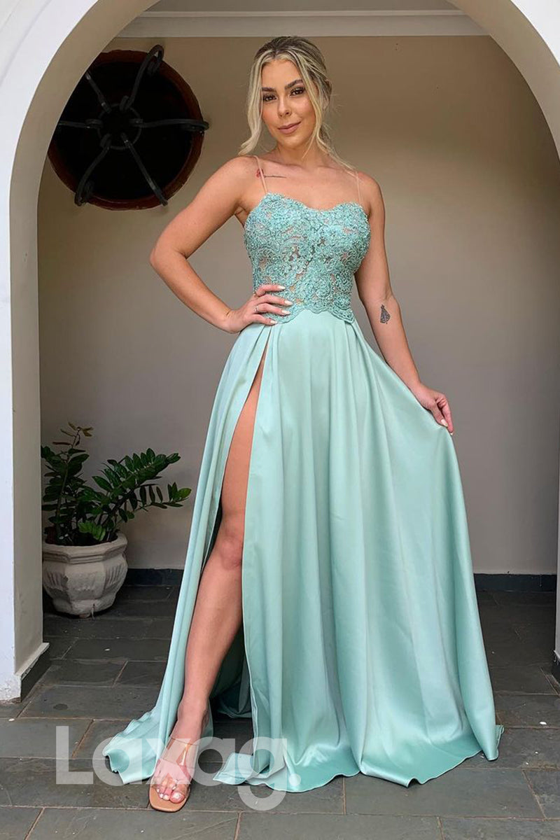 18760 - Women's Spaghetti Straps Lace Appliques Formal Evening Dress with Slit