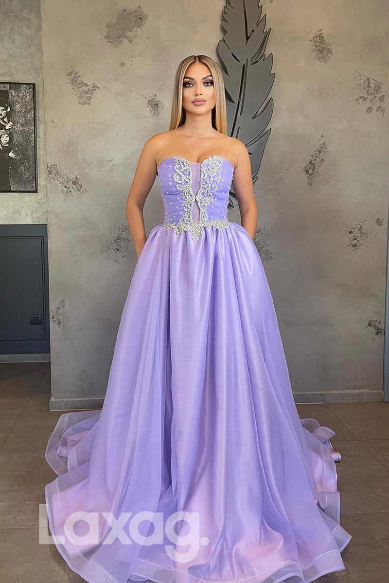 18761 - Sweetheart Beads Purple Long Formal Prom Evening Gowns with Pockets
