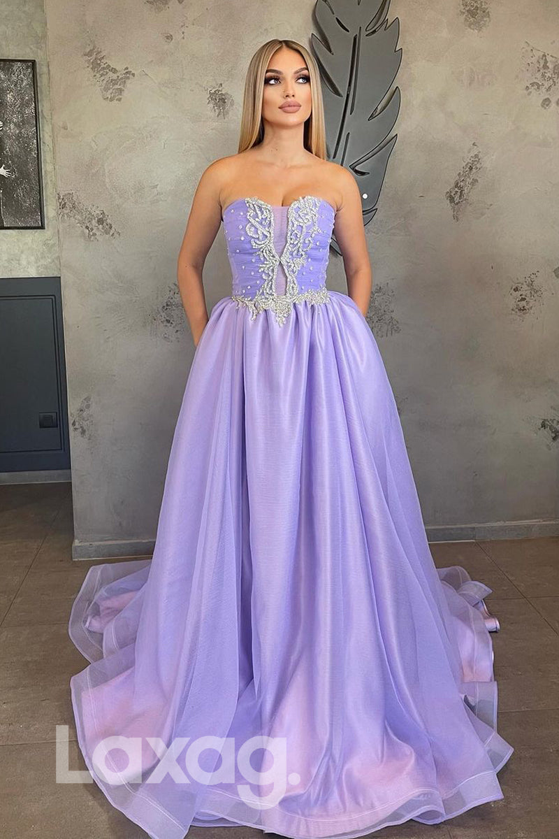 18761 - Sweetheart Beads Purple Long Formal Prom Evening Gowns with Pockets