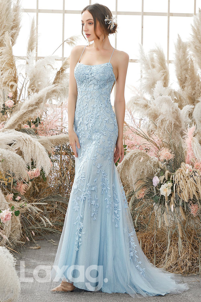 18766 - Women's Scoop Lace Applique Sheath Prom Dress