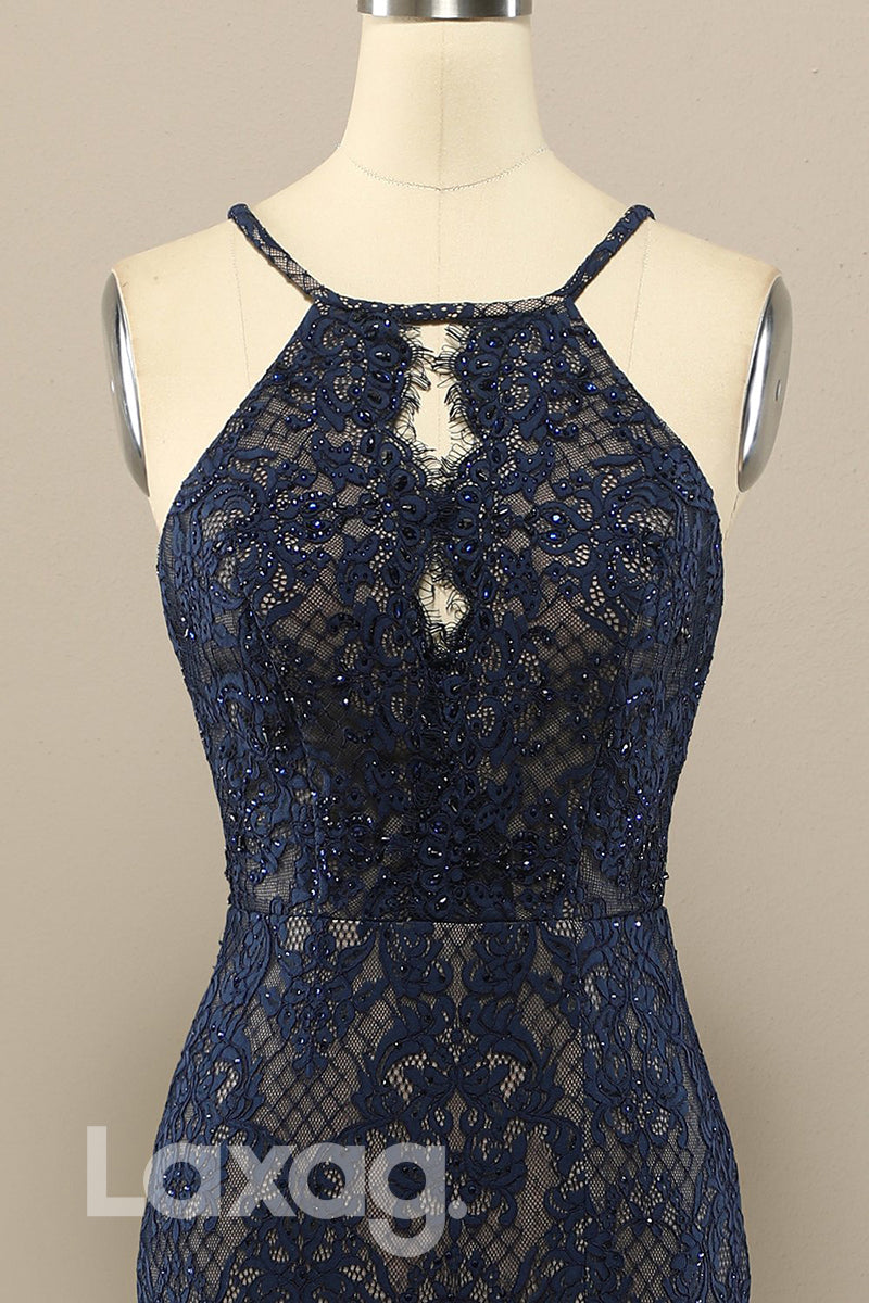 18768 - Chic Halter Lace Beads Mermaid Formal Evening Dress with Slit