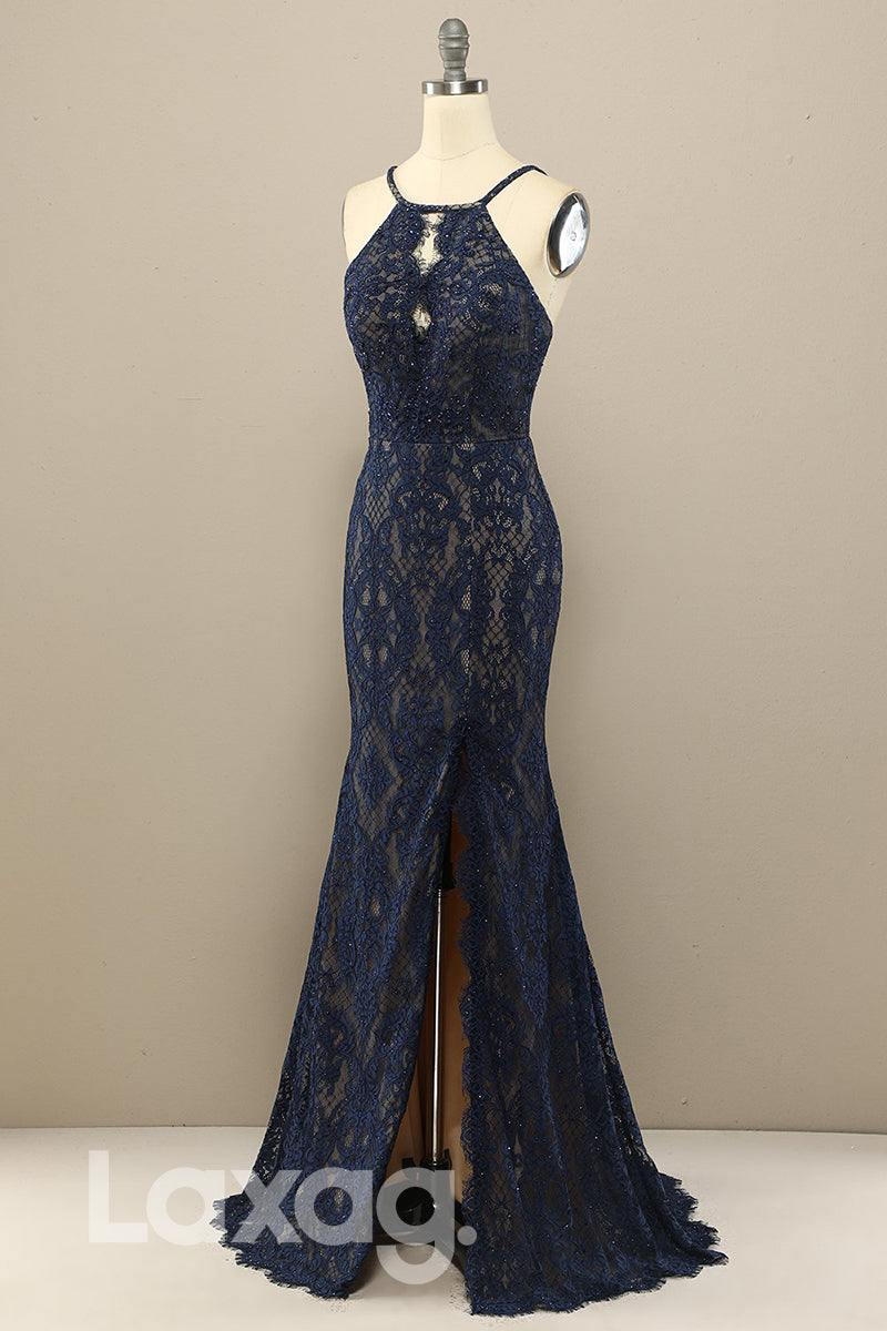 18768 - Chic Halter Lace Beads Mermaid Formal Evening Dress with Slit