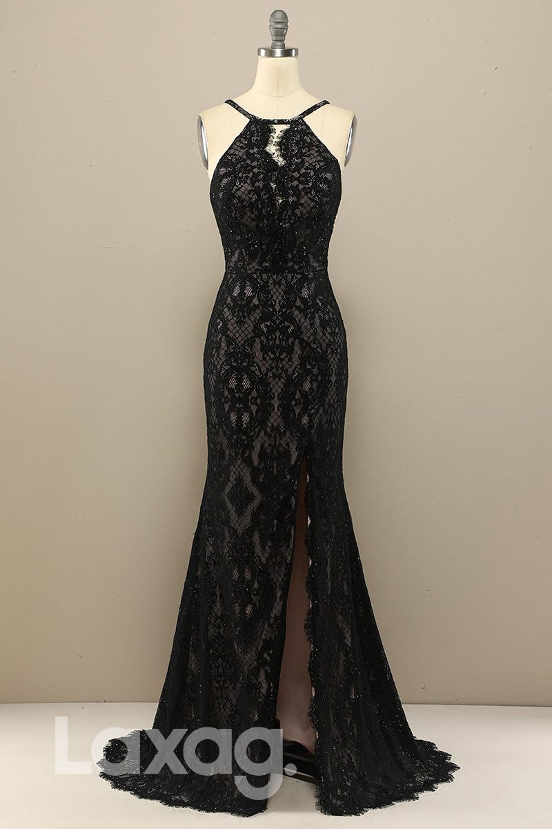 18768 - Chic Halter Lace Beads Mermaid Formal Evening Dress with Slit|LAXAG