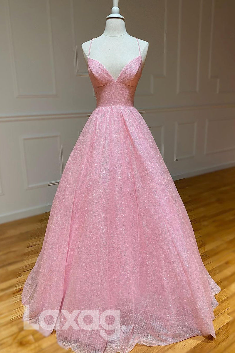 18770 - Women's Spaghetti Straps Pink Sparkly Prom Dress with Pockets