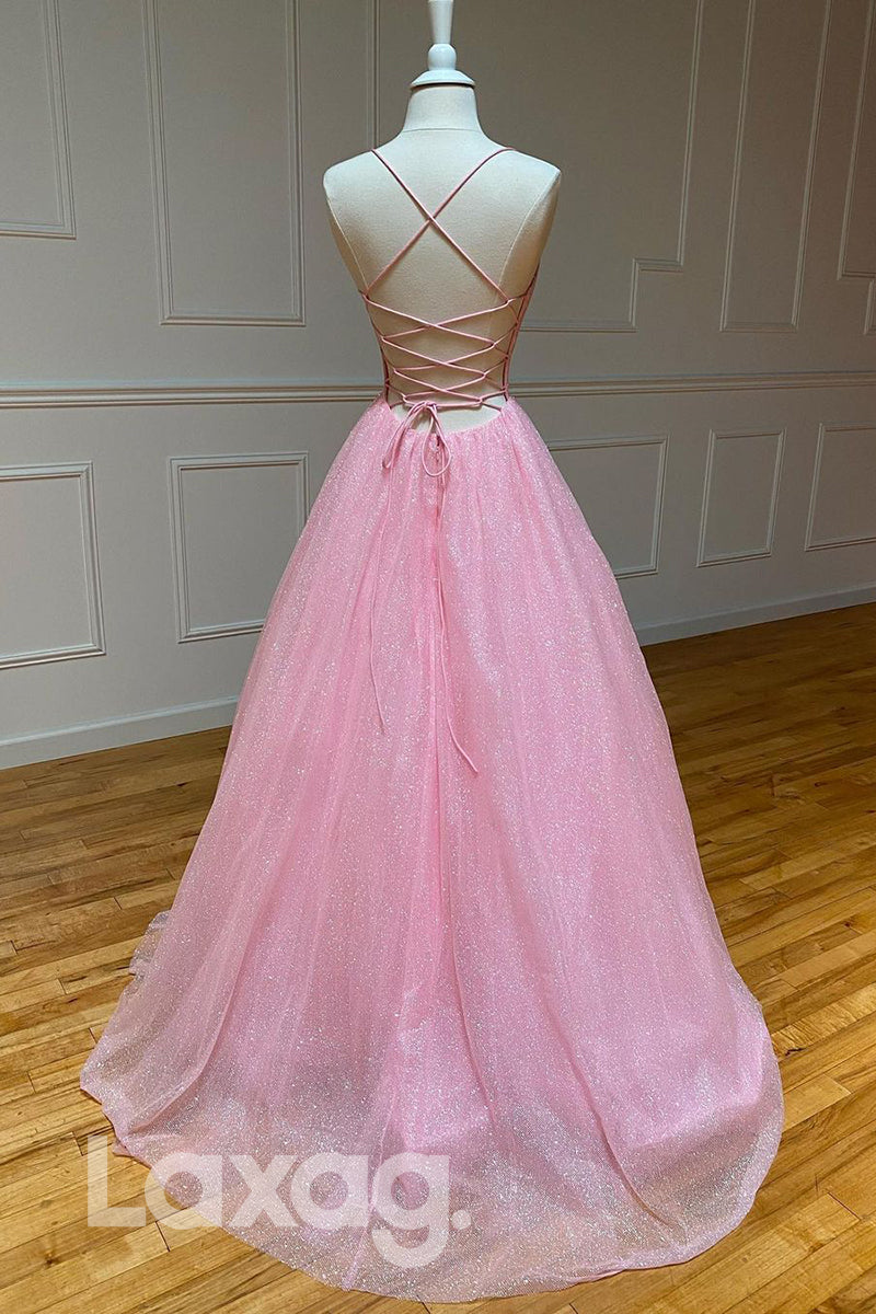 18770 - Women's Spaghetti Straps Pink Sparkly Prom Dress with Pockets