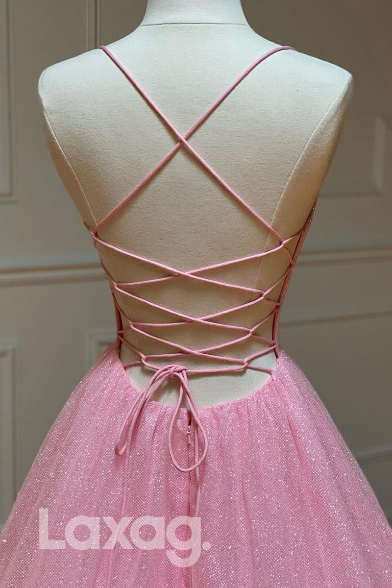 18770 - Women's Spaghetti Straps Pink Sparkly Prom Dress with Pockets