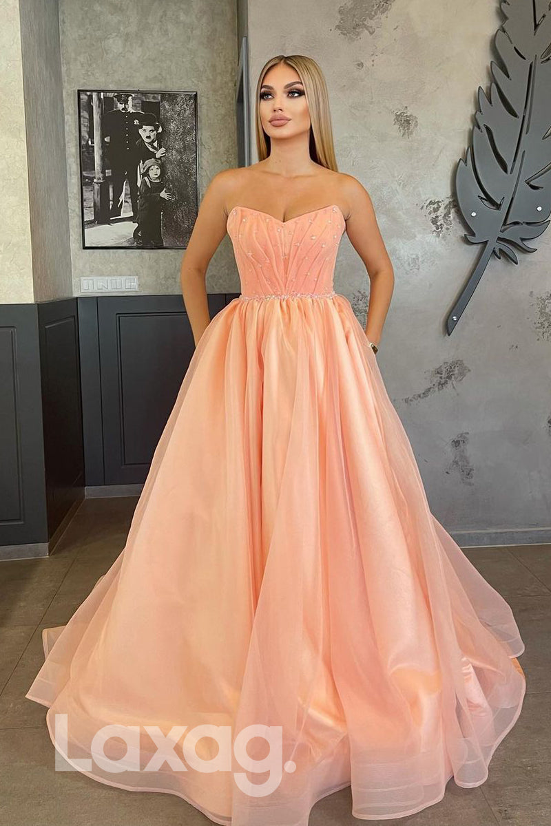 18772 - Sweetheart Pink Tulle Beads A-line Long Prom Dress with Pockets