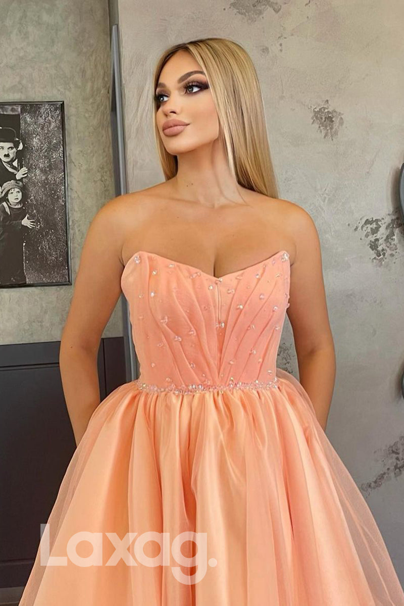 18772 - Sweetheart Pink Tulle Beads A-line Long Prom Dress with Pockets