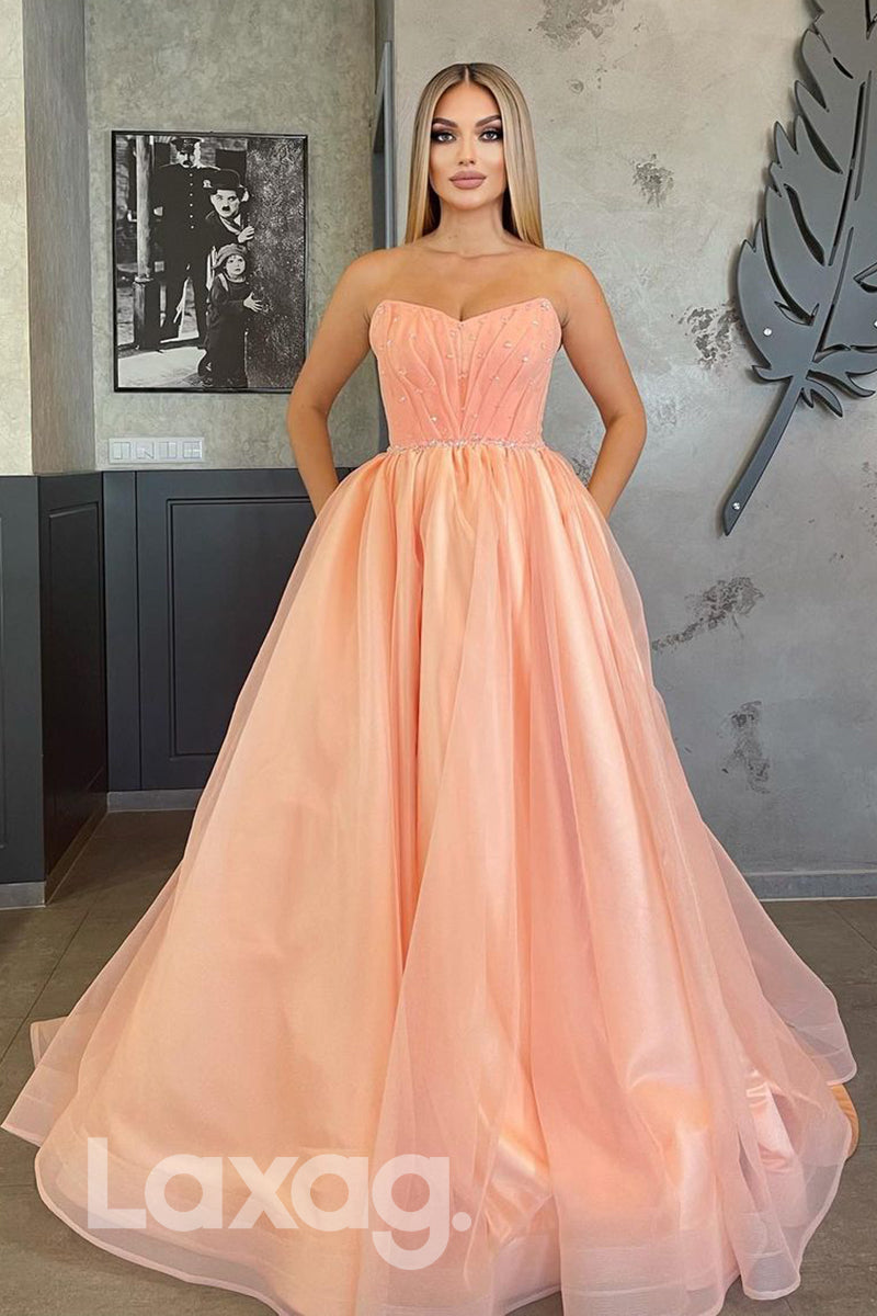 18772 - Sweetheart Pink Tulle Beads A-line Long Prom Dress with Pockets