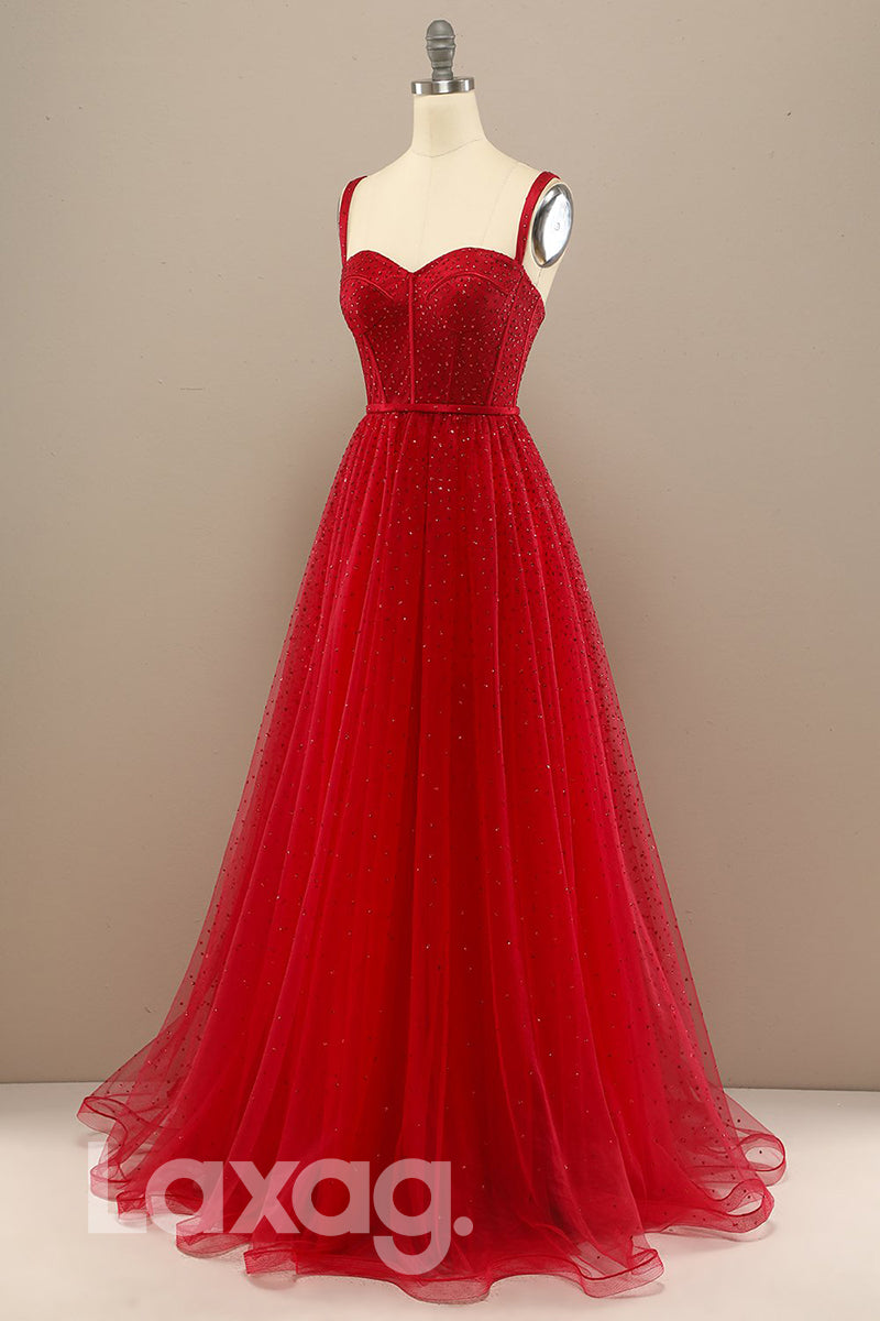 18775 - Women's Spaghetti Straps Red Tulle Beads Long Prom Dresses Glitter