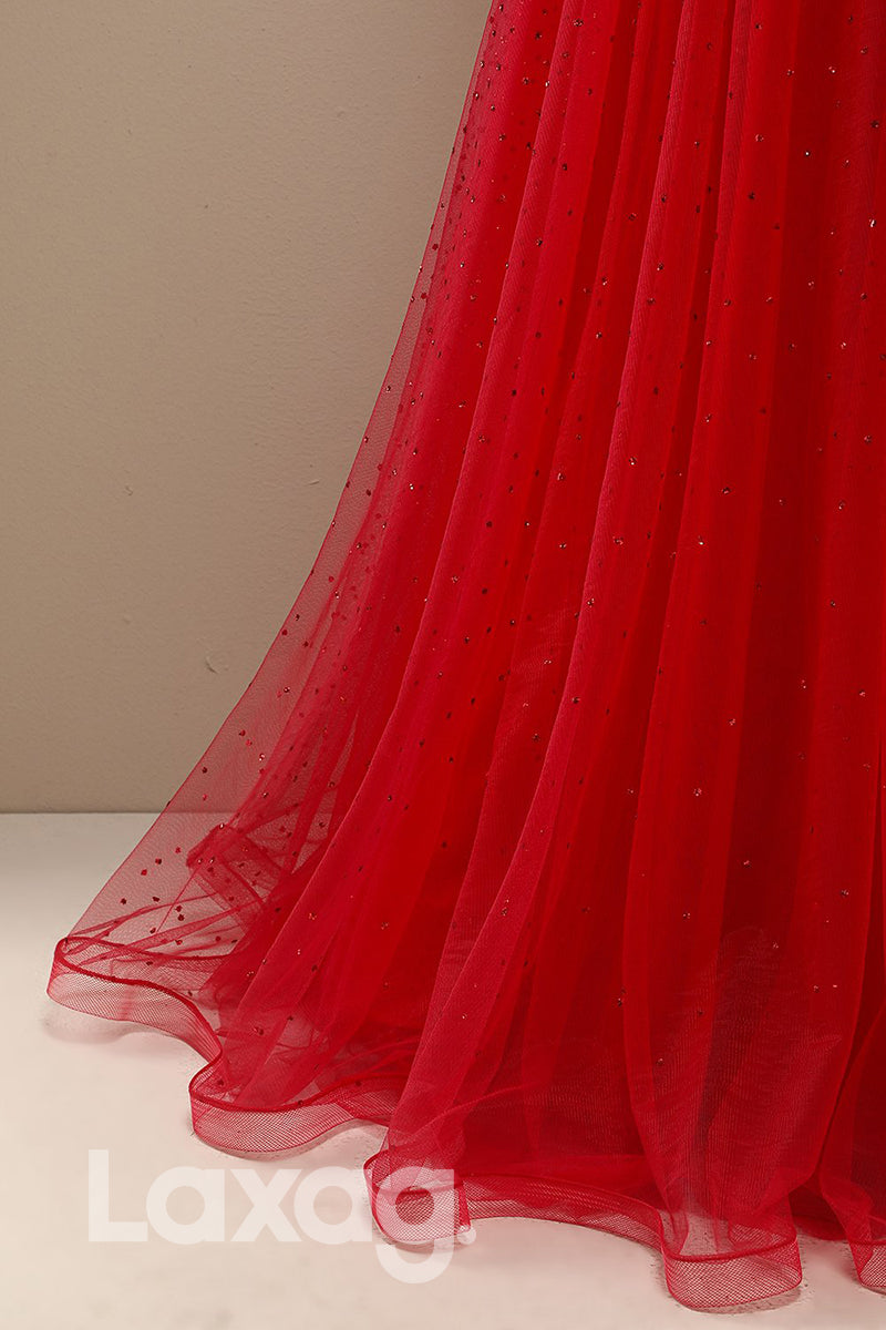 18775 - Women's Spaghetti Straps Red Tulle Beads Long Prom Dresses Glitter