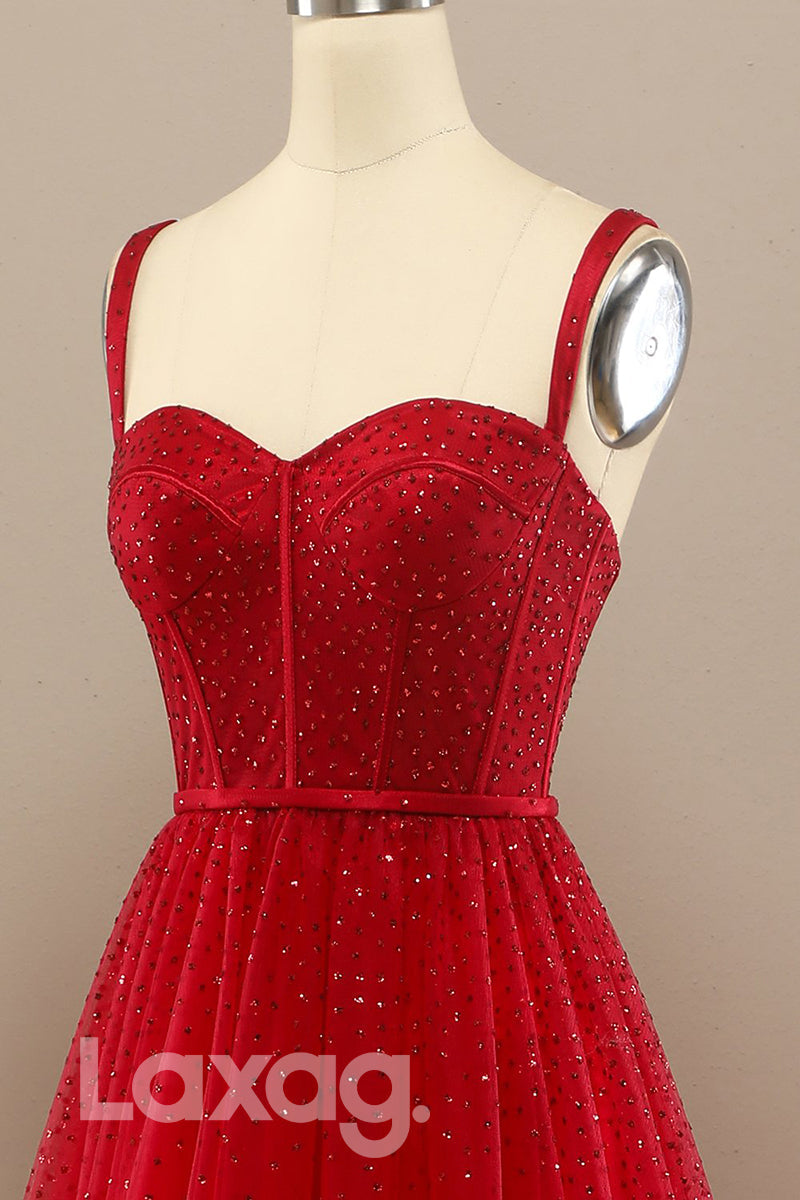 18775 - Women's Spaghetti Straps Red Tulle Beads Long Prom Dresses Glitter