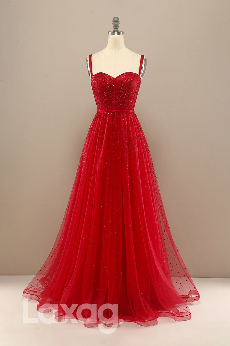 18775 - Women's Spaghetti Straps Red Tulle Beads Long Prom Dresses Glitter