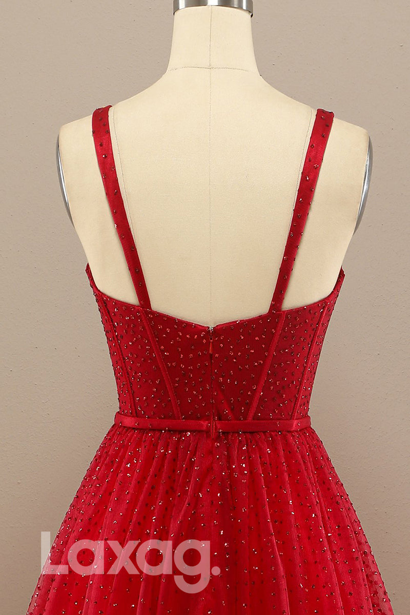 18775 - Women's Spaghetti Straps Red Tulle Beads Long Prom Dresses Glitter