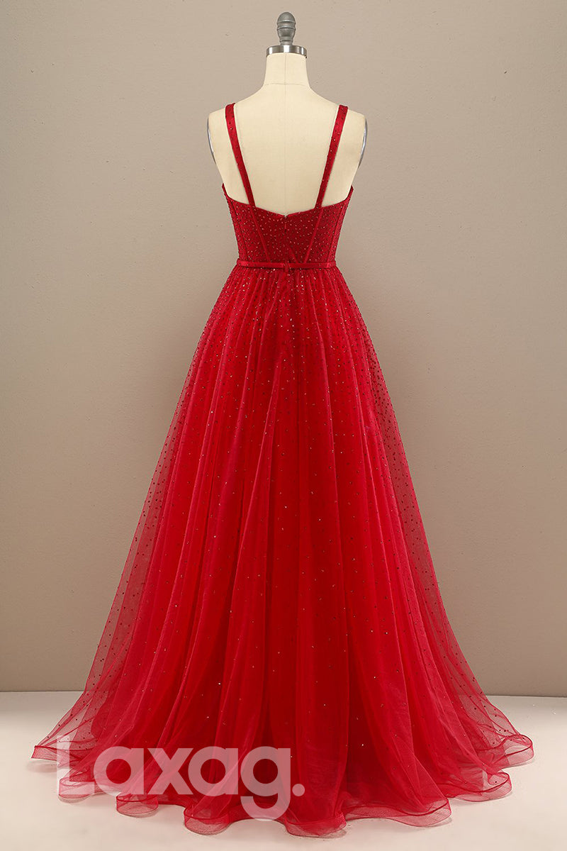 18775 - Women's Spaghetti Straps Red Tulle Beads Long Prom Dresses Glitter