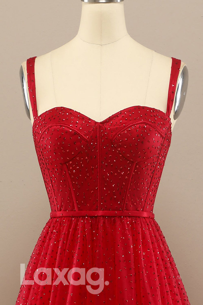 18775 - Women's Spaghetti Straps Red Tulle Beads Long Prom Dresses Glitter