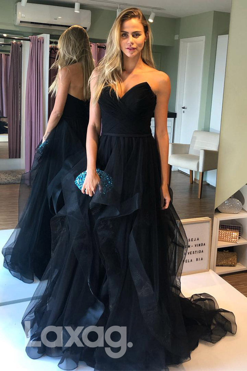 16725 - Plunging V-neck Black Tulle A-line Formal Dress