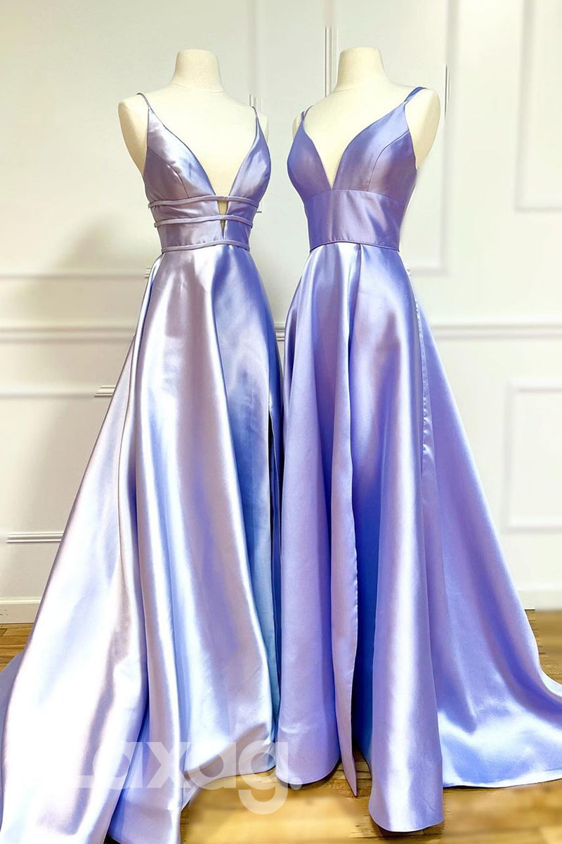 19783 - Plunging V-neck Lilac Satin Simple Prom Dress