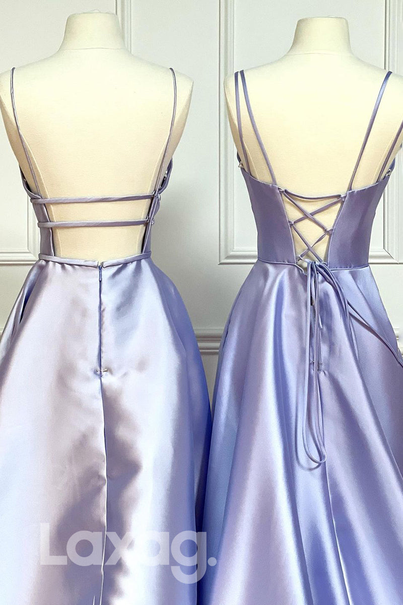 19783 - Plunging V-neck Lilac Satin Simple Prom Dress