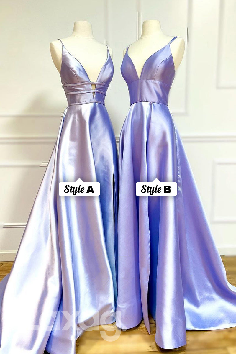 19783 - Plunging V-neck Lilac Satin Simple Prom Dress