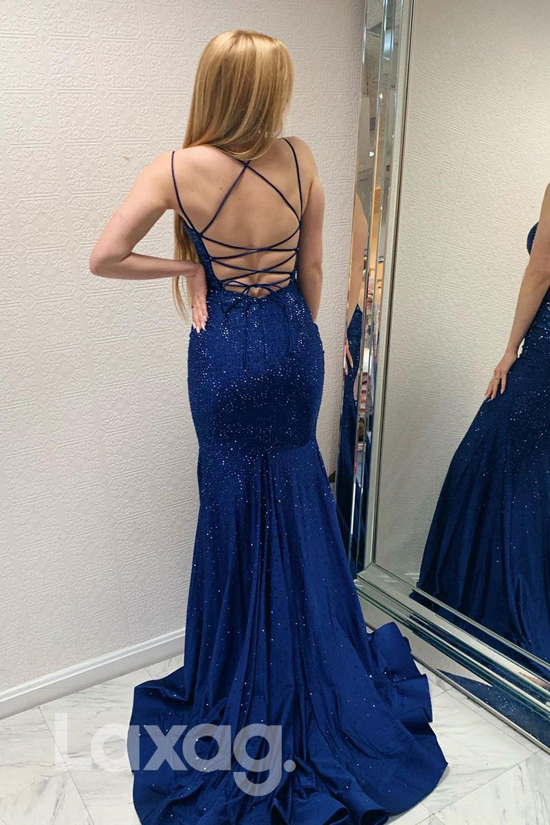 19784 - Women's Spaghetti Straps Beads Mermaid Prom Dress Glitter