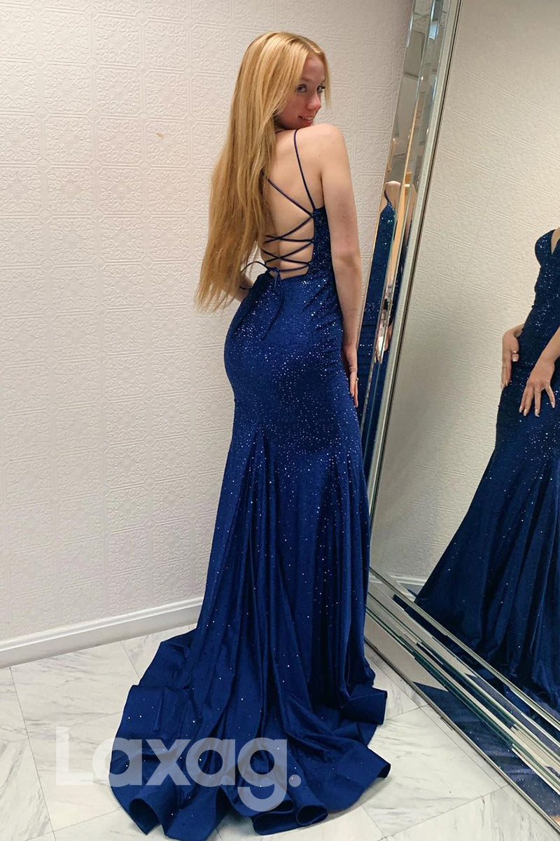 19784 - Women's Spaghetti Straps Beads Mermaid Prom Dress Glitter