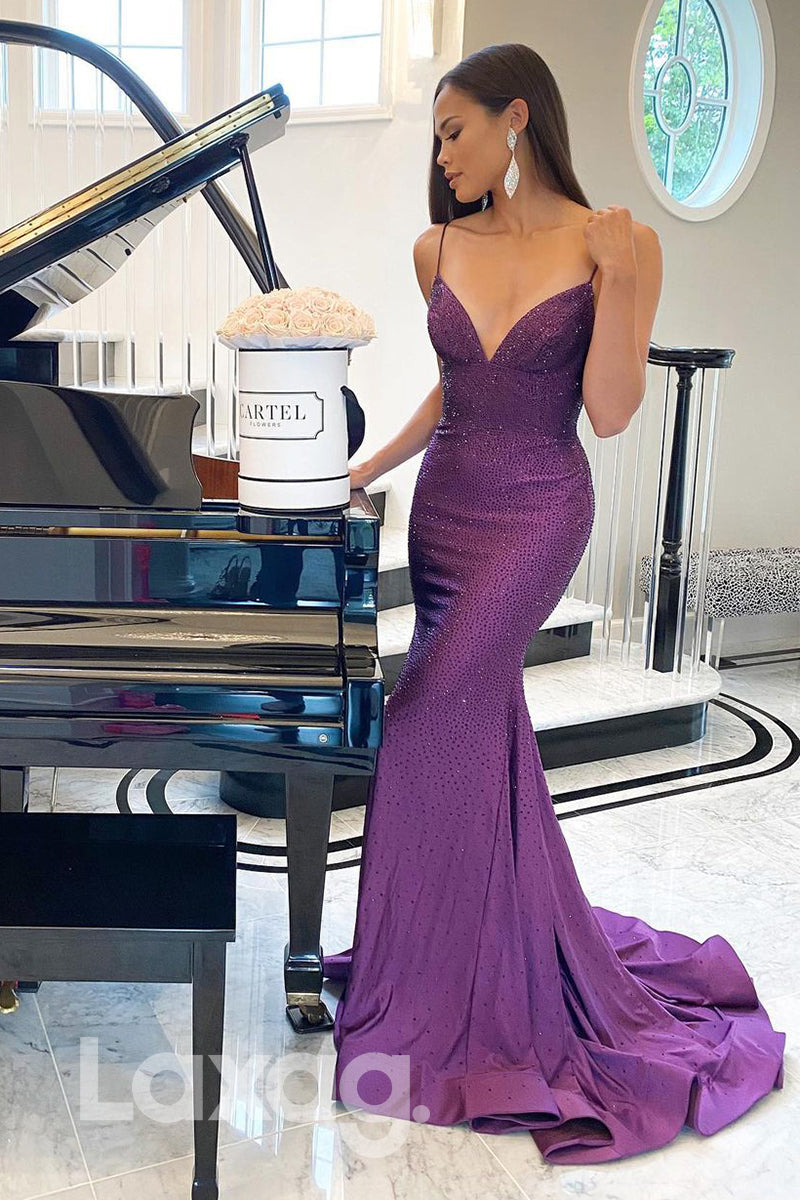 19788 - Plunging V-Neck Beads Purple Sparkly Prom Dress
