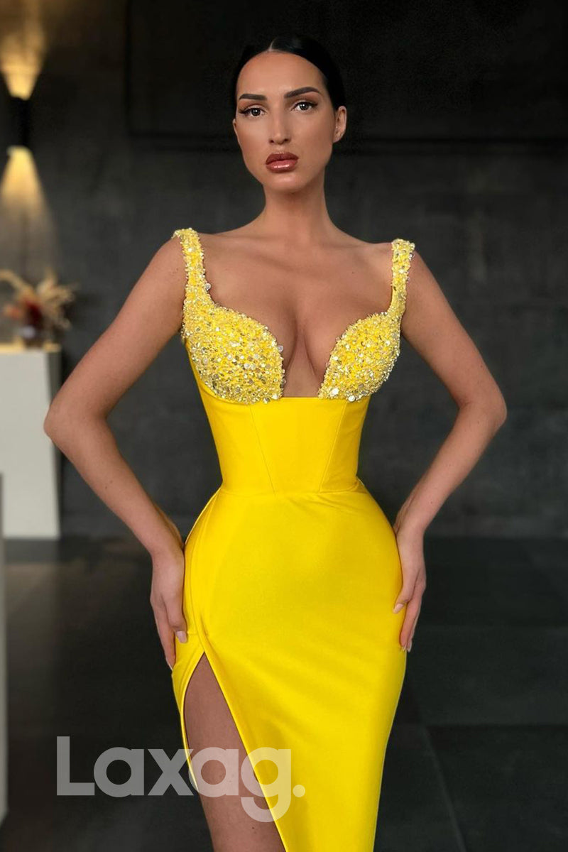 19791 - Sexy V-Neck Beads Sexy High Split Yellow Formal Evening Dress