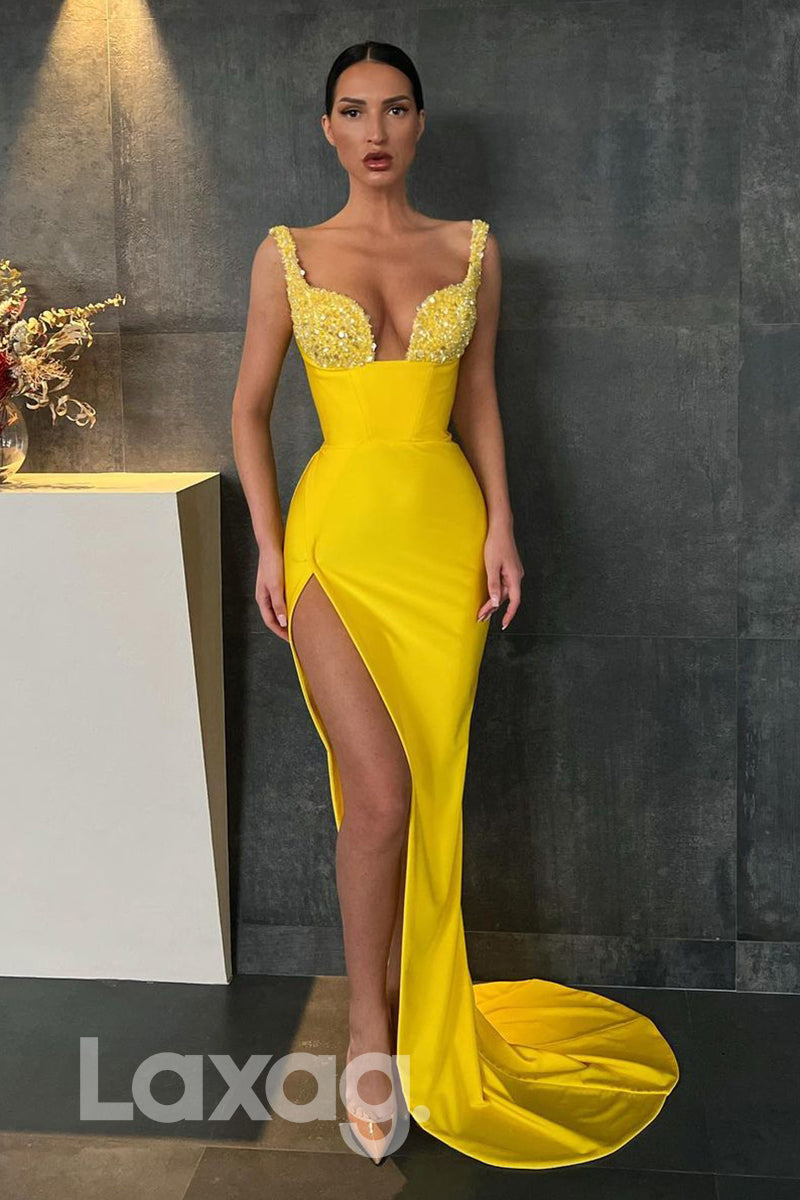19791 - Sexy V-Neck Beads Sexy High Split Yellow Formal Evening Dress