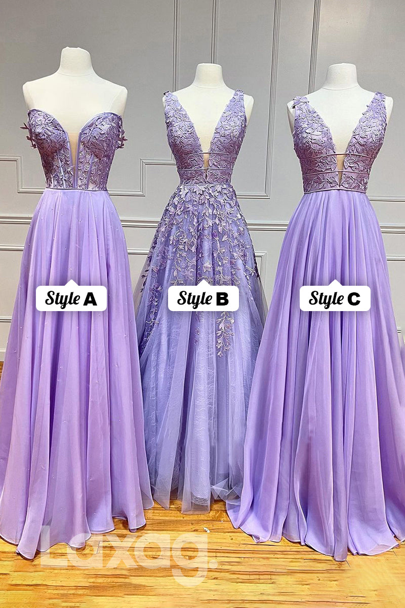 19795 - Plunging V-Neck Lace Appliques Lilac Prom Dress