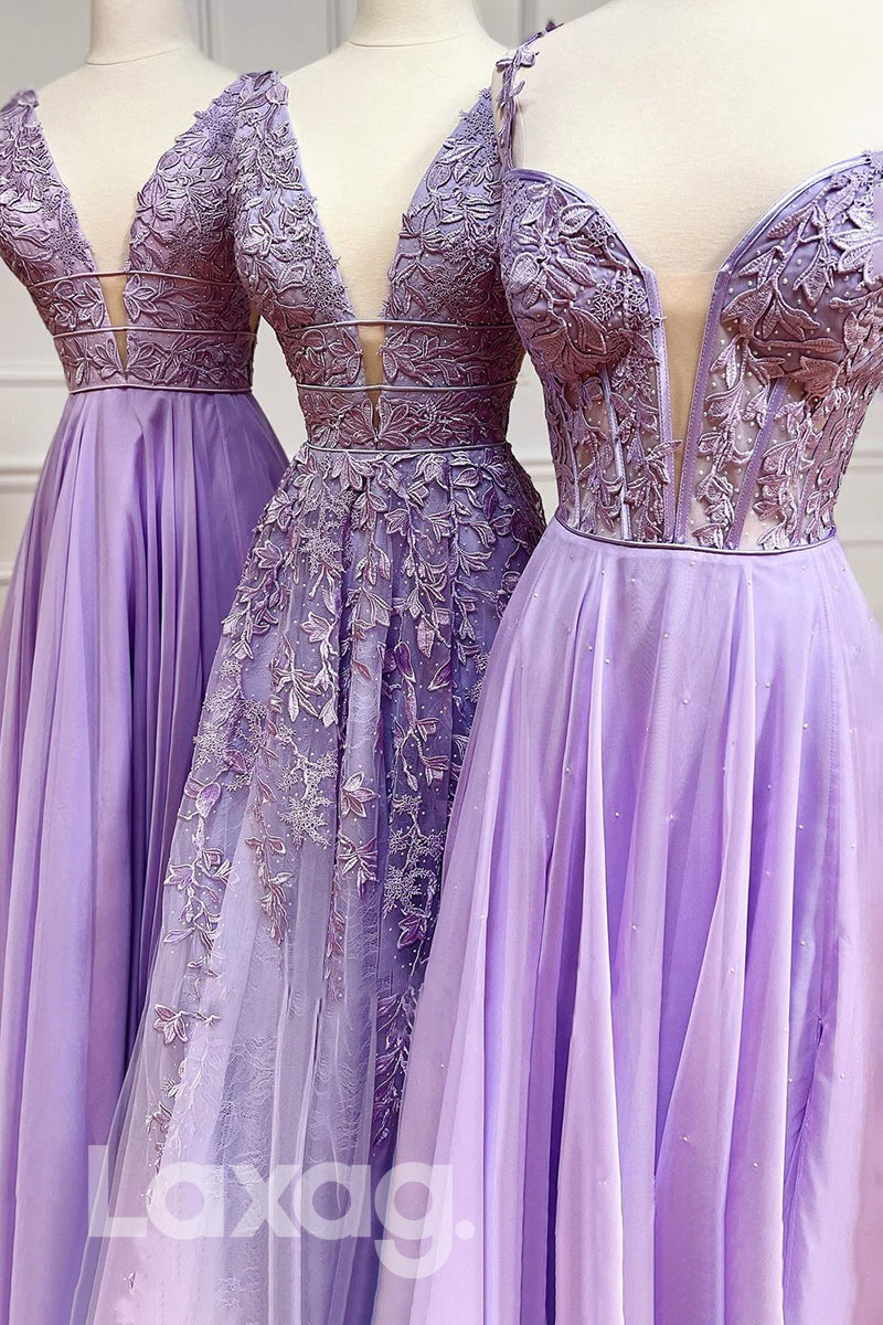 19795 - Plunging V-Neck Lace Appliques Lilac Prom Dress