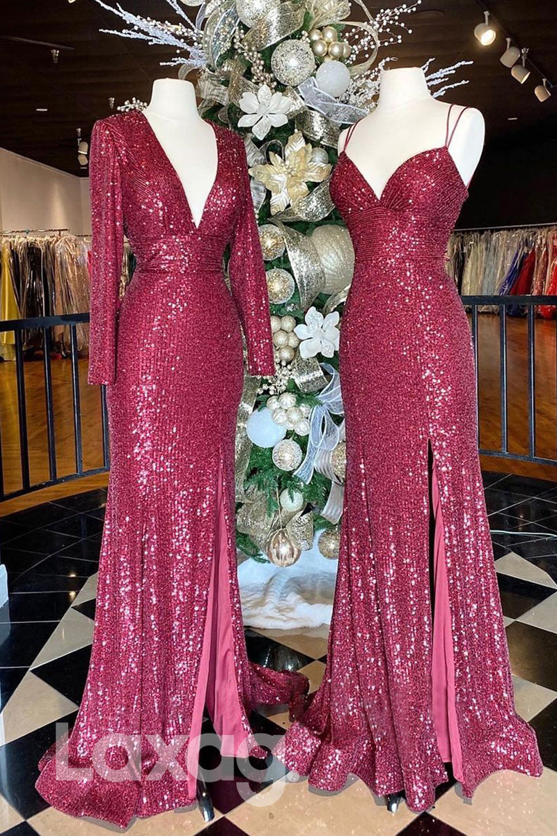 19796 - Plunging V-Neck Sequins Burgundy Prom Dress Glitter