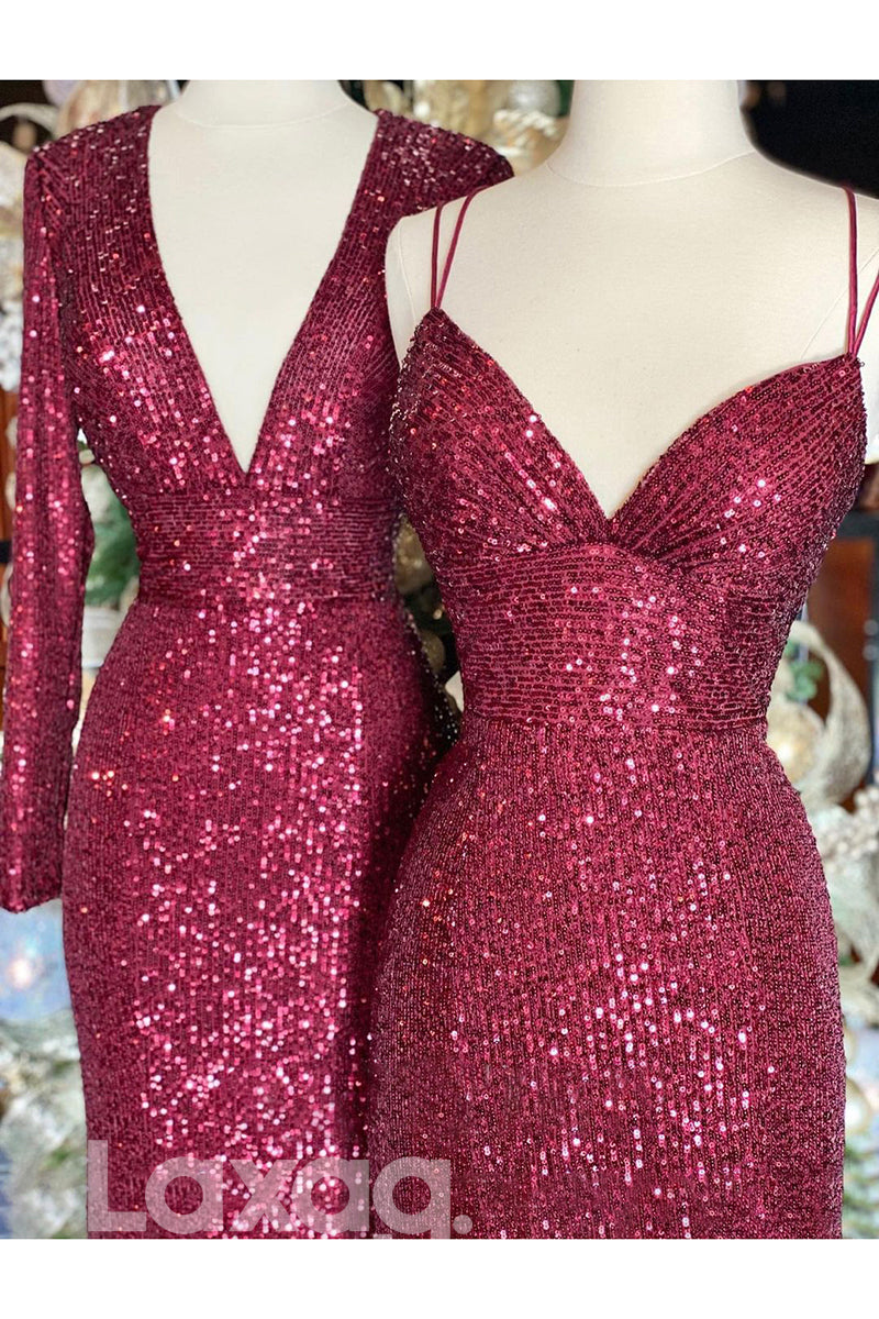 19796 - Plunging V-Neck Sequins Burgundy Prom Dress Glitter