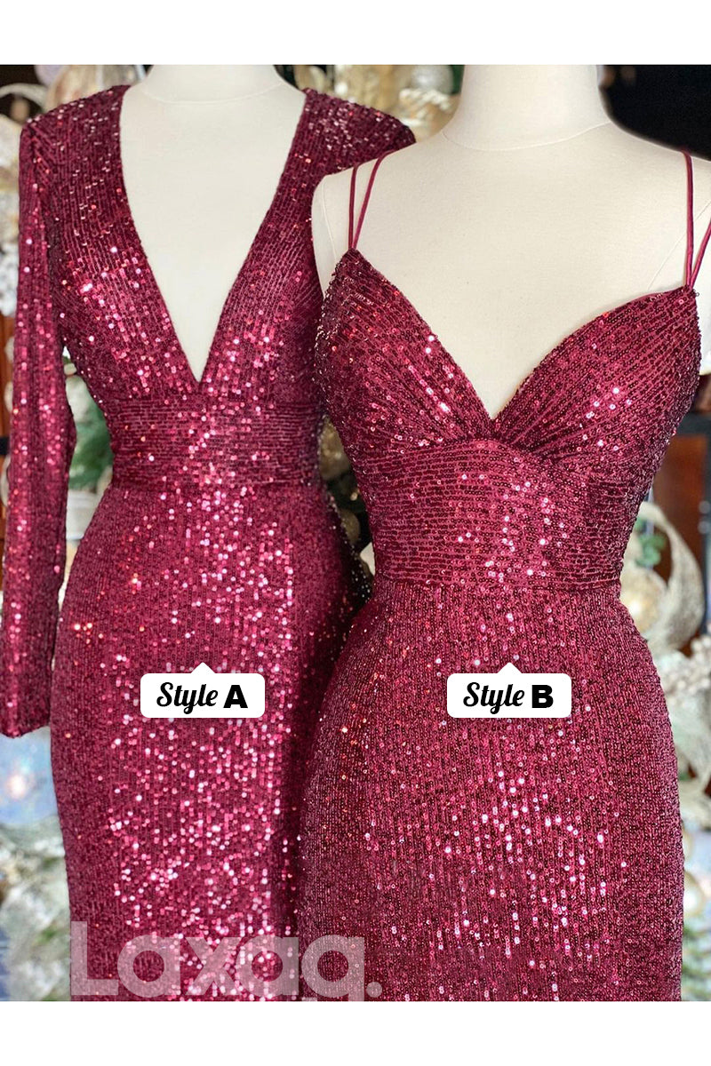 19796 - Plunging V-Neck Sequins Burgundy Prom Dress Glitter