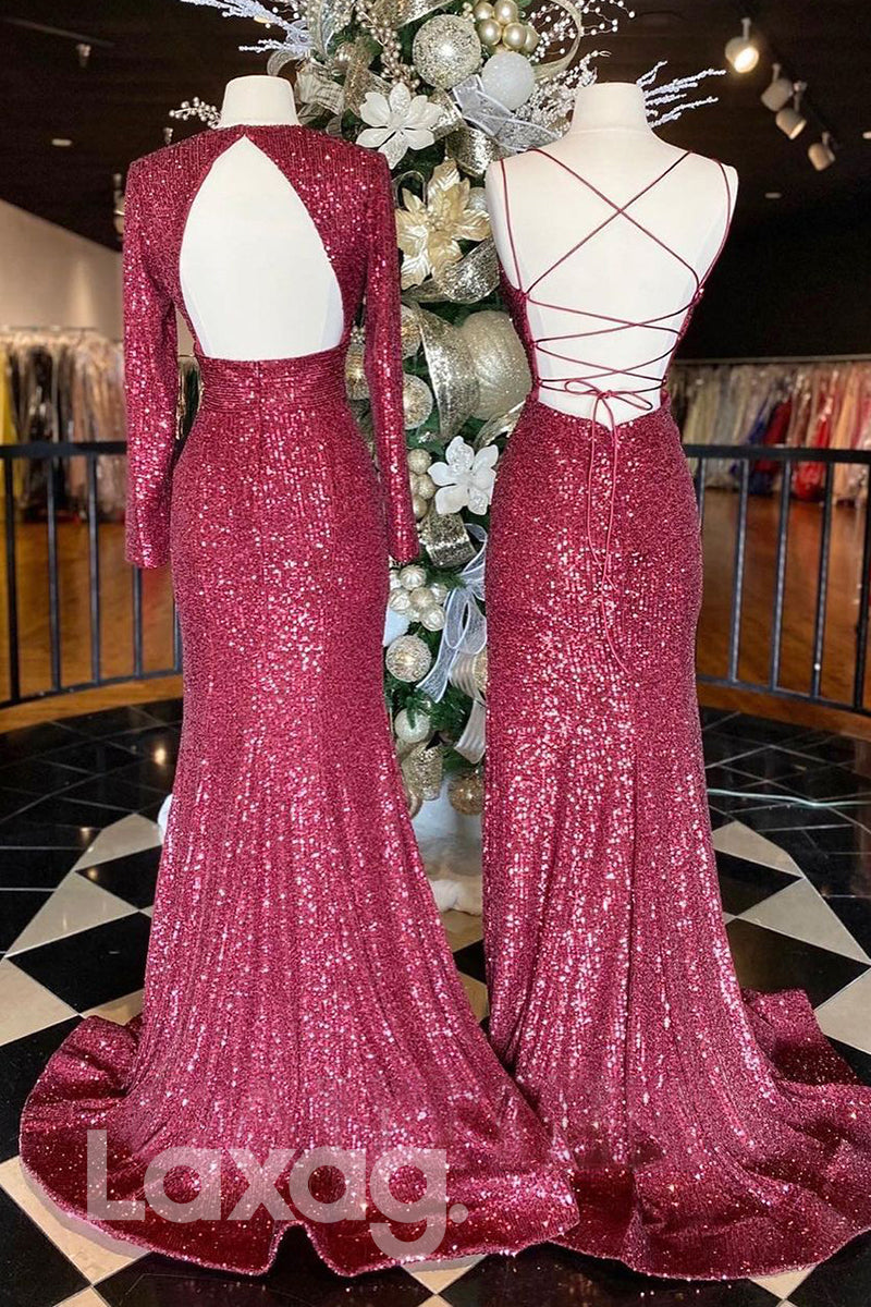 19796 - Plunging V-Neck Sequins Burgundy Prom Dress Glitter