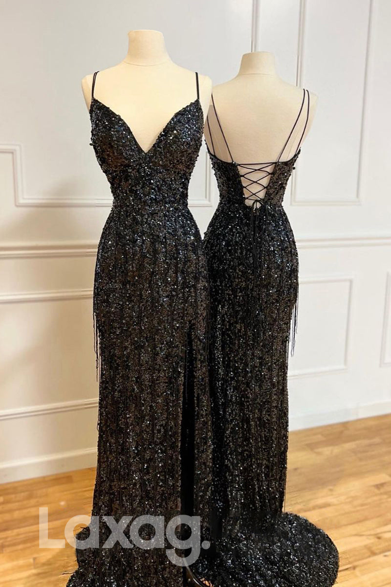 19797 - Plunging V-Neck Sequins Black Prom Dress Glitter
